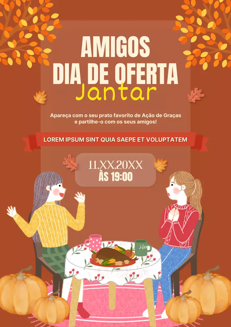Convite para o Dia de Ação de Amigos laranja e castanho