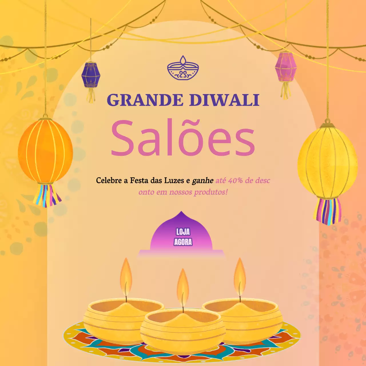 Promoção de vendas Diwali elegante em dourado e roxo