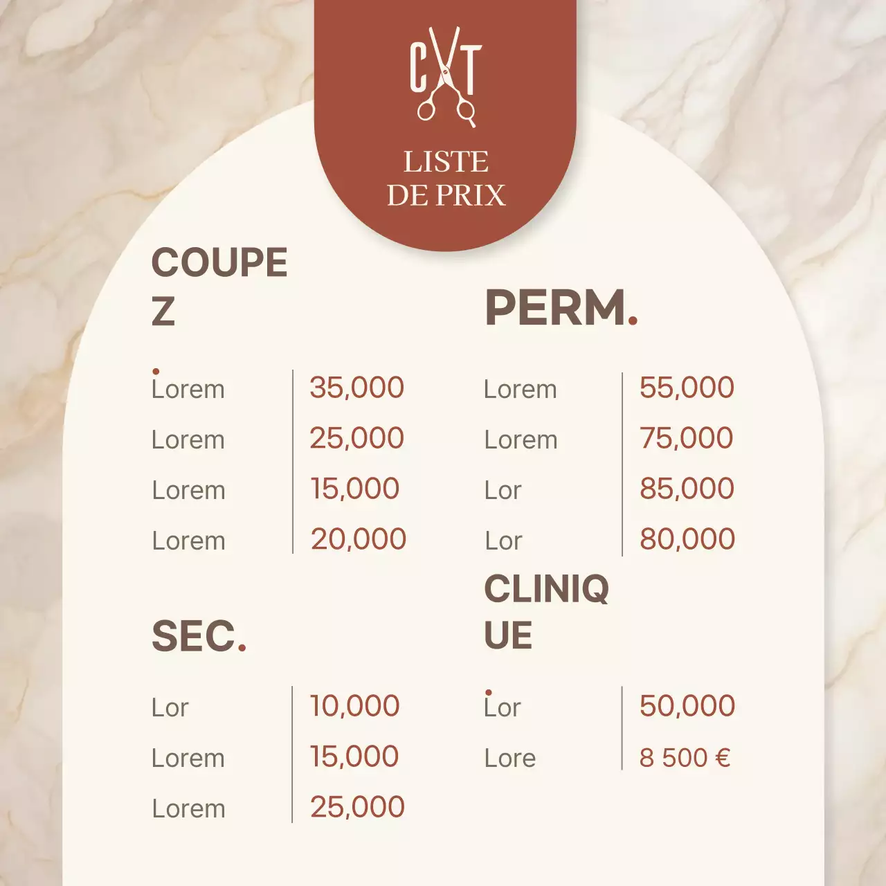 Prospectus de liste de prix classique sur fond beige