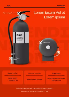 Avis moderne d'inspection incendie en rouge, noir et blanc
