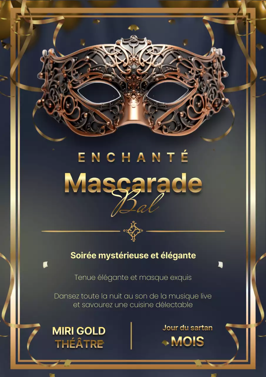 Élégante invitation à un bal masqué noir et or