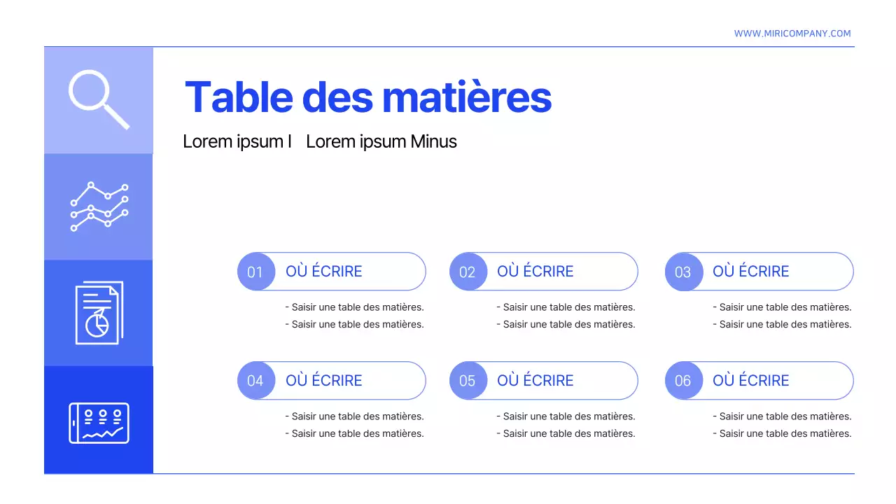 Un modèle simple de rapport d'organisation de l'information en bleu et blanc
