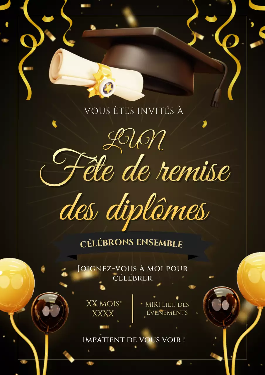 Invitation à la remise des diplômes élégante, noire et dorée