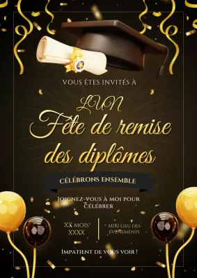 Invitation à la remise des diplômes élégante, noire et dorée