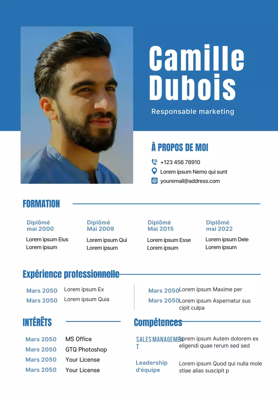 Une description simple du curriculum vitae en blanc et bleu