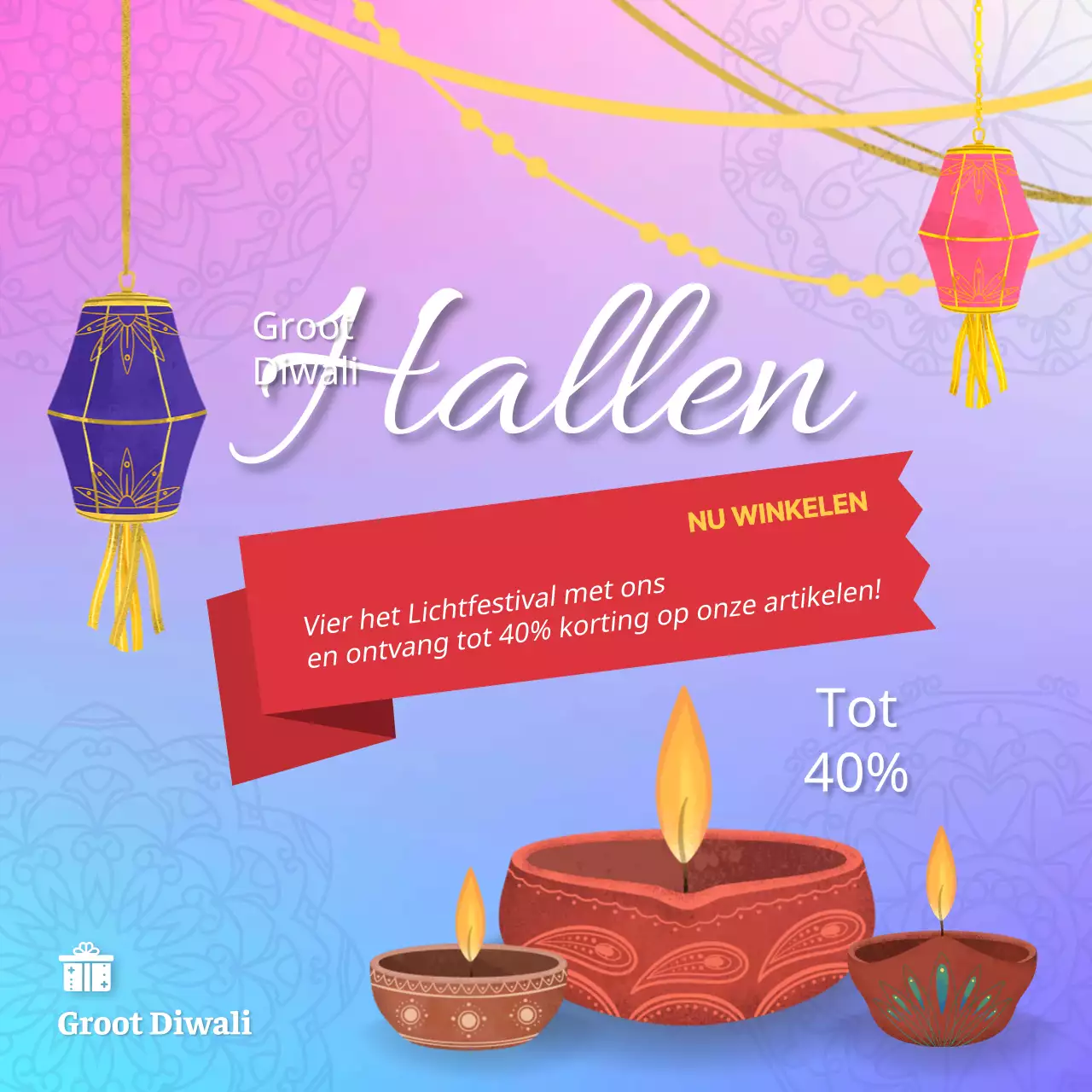 Paars en roze elegante Diwali Sale advertentie
