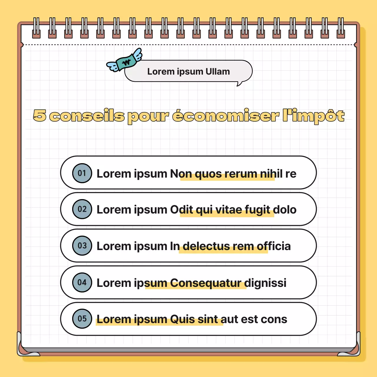 Informations fiscales minimalistes en jaune et bleu