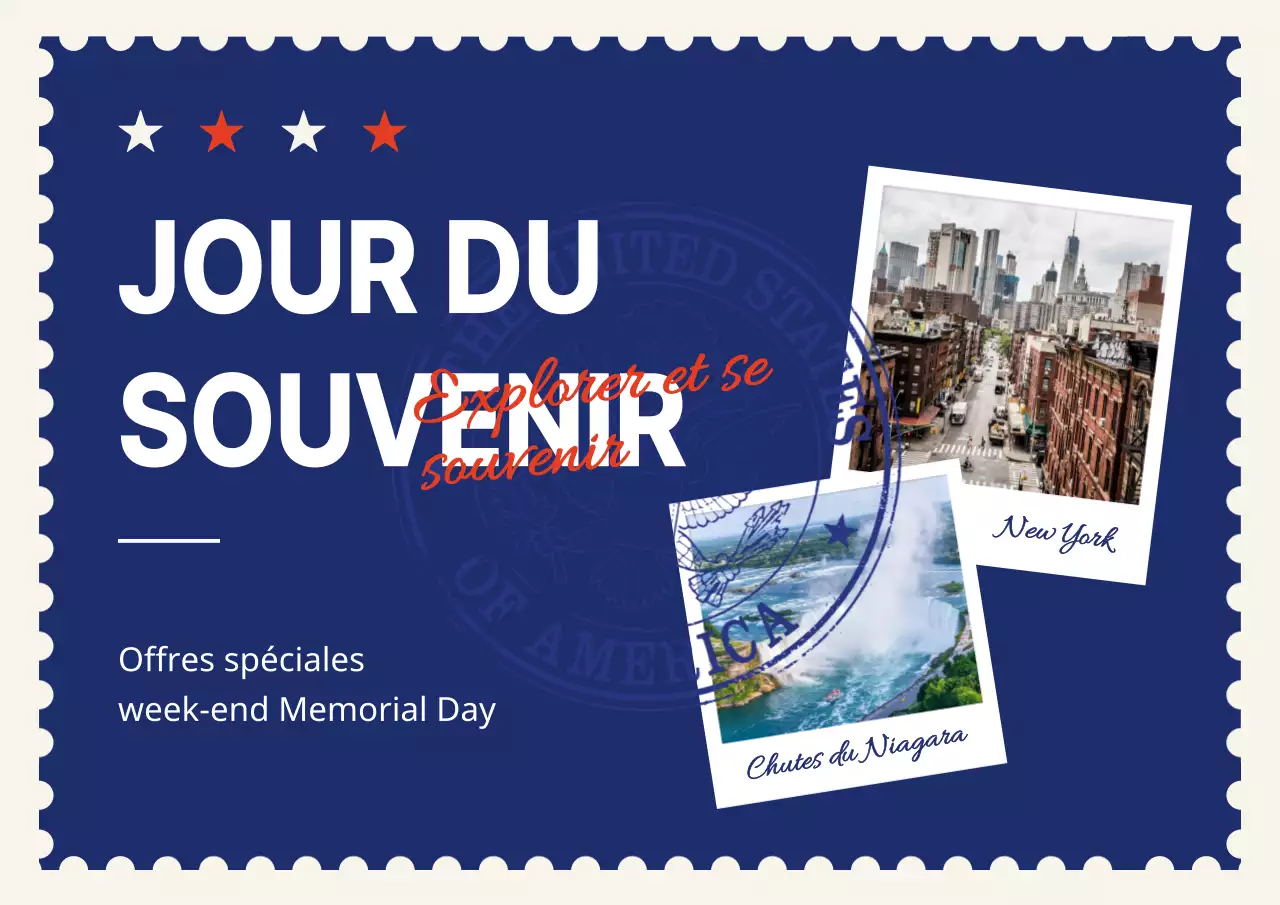 Publicité pour les passerelles du Memorial Day en bleu marine et blanc