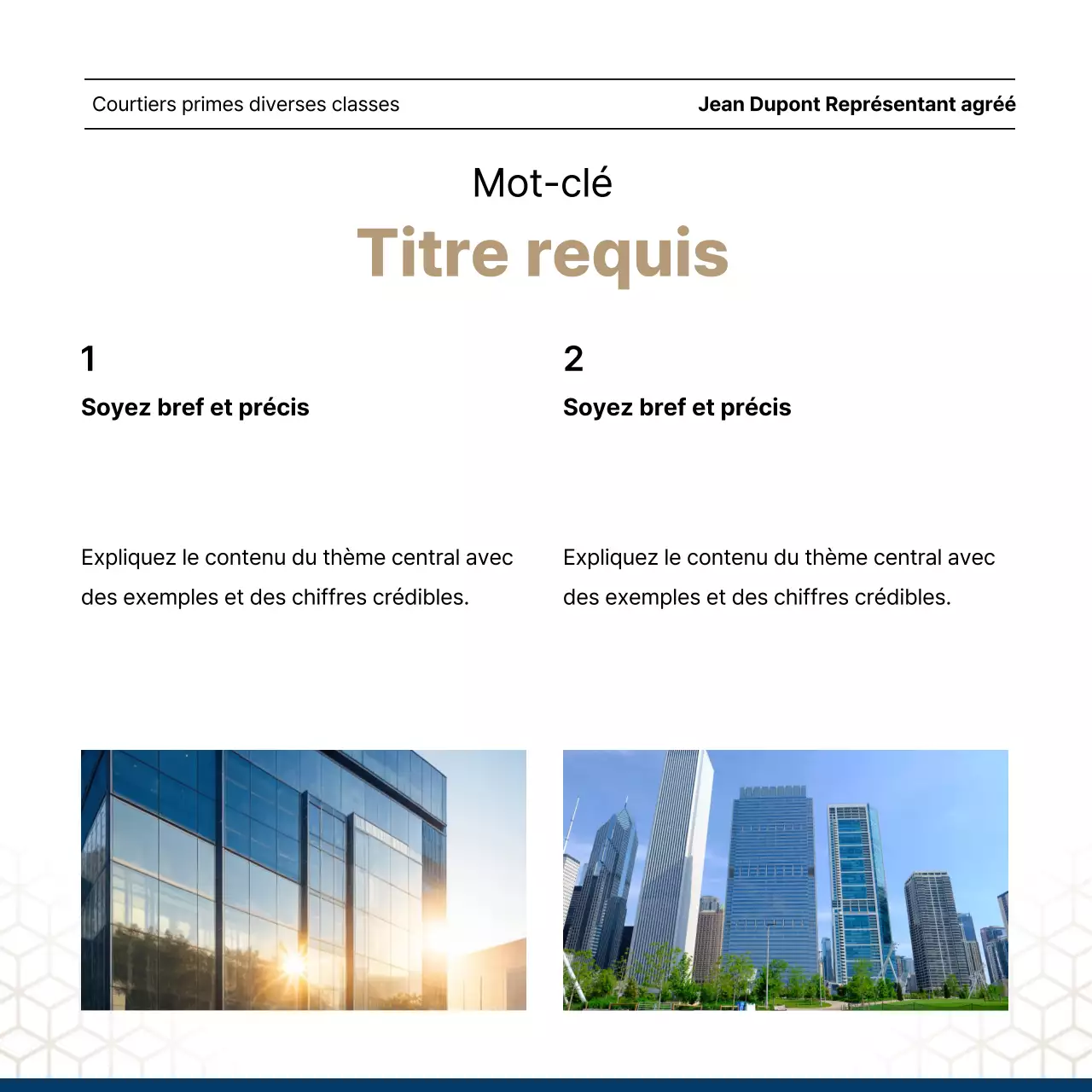 Liste luxueuse de biens immobiliers en bleu marine et or par un agent immobilier.