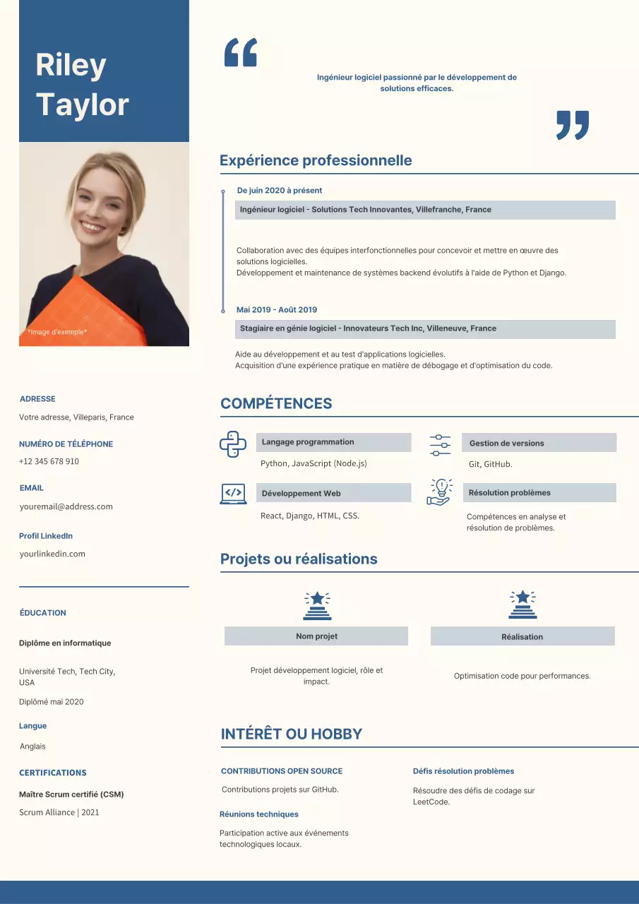 Curriculum vitae d'ingénieur logiciel tendance bleu et beige
