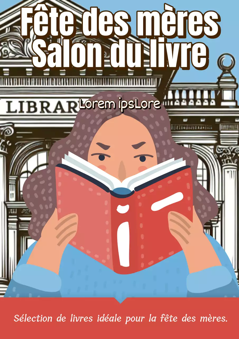 Publicité pour la foire aux livres de la fête des mères "Sky Blue and Red Kitsch" (bleu ciel et rouge)