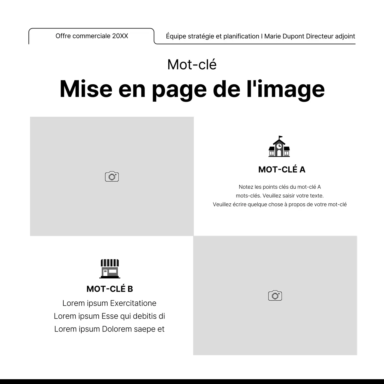 Promouvoir une mise en page avec de nombreux cadres photo simples en blanc et noir