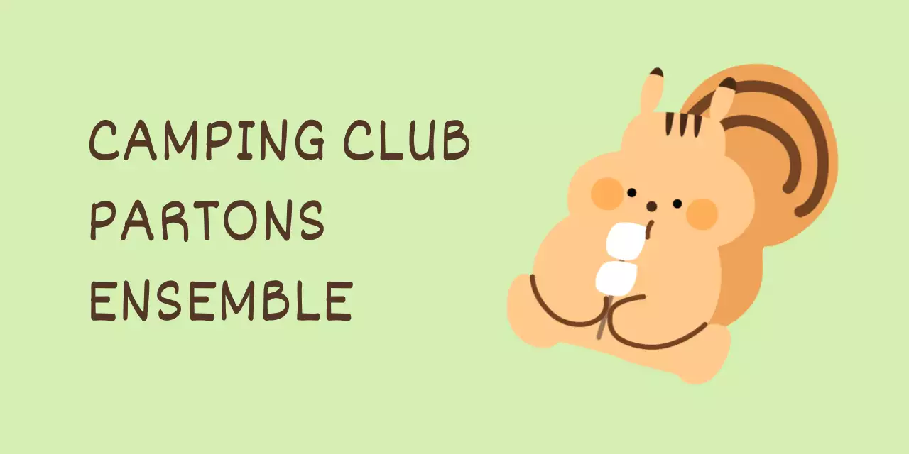 Un mignon concept de club de camping avec des dessins d'écureuils et des polices manuscrites.