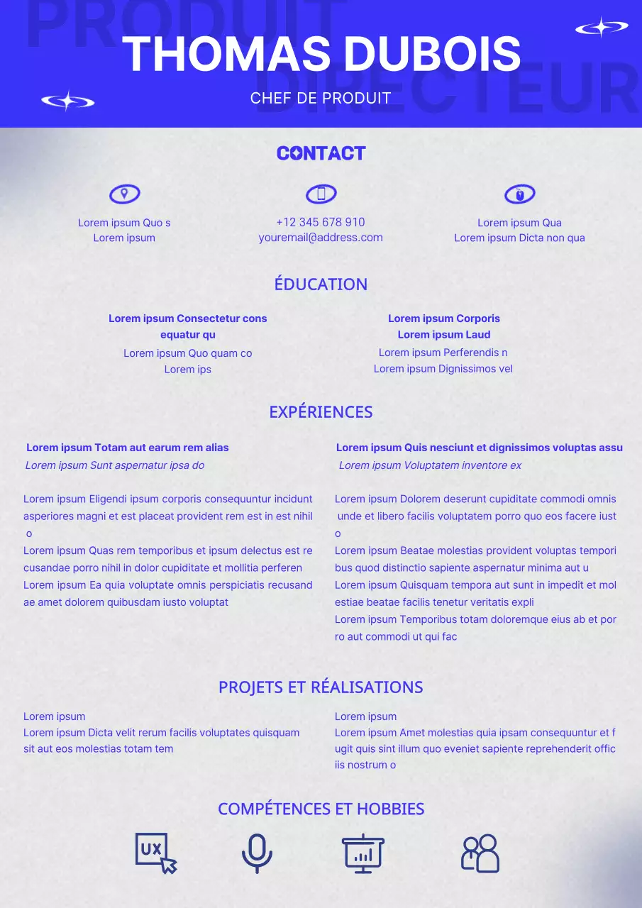 Curriculum vitae de chef de produit à la mode bleue et grise