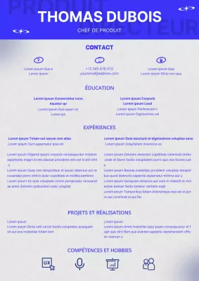 Curriculum vitae de chef de produit à la mode bleue et grise