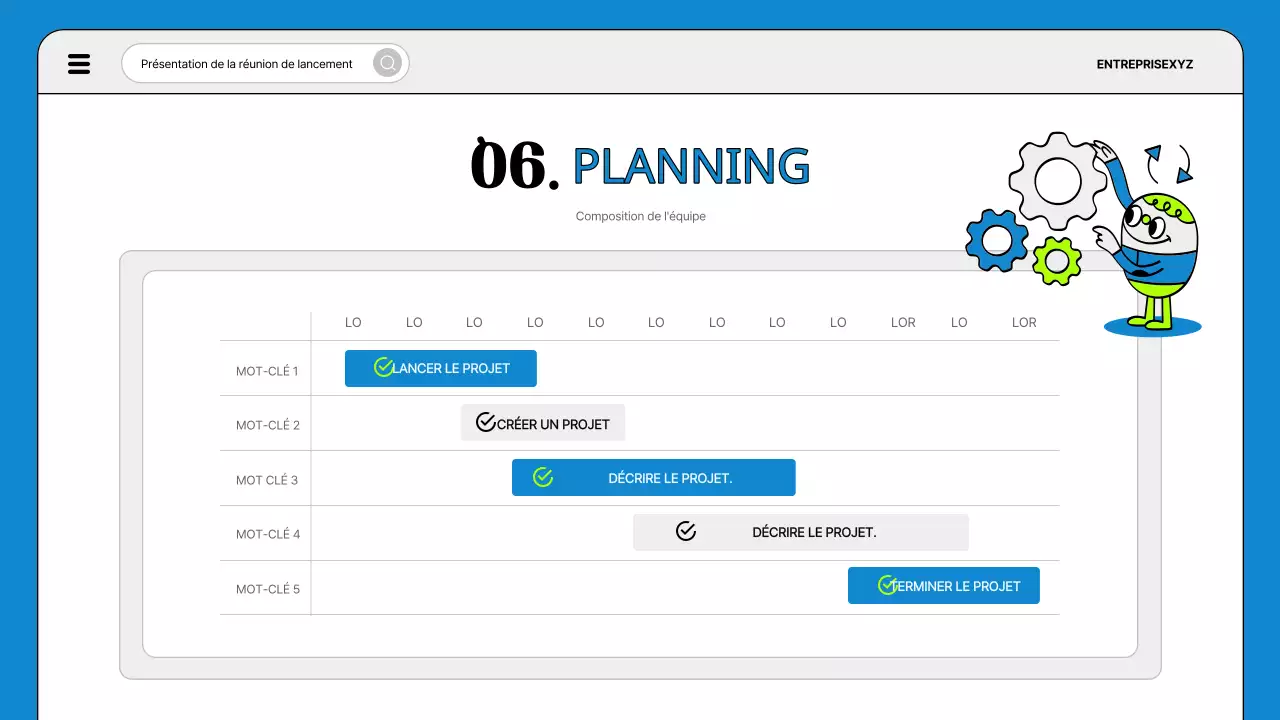 Ordre du jour d'une réunion de lancement de projet en bleu et en fluorescence