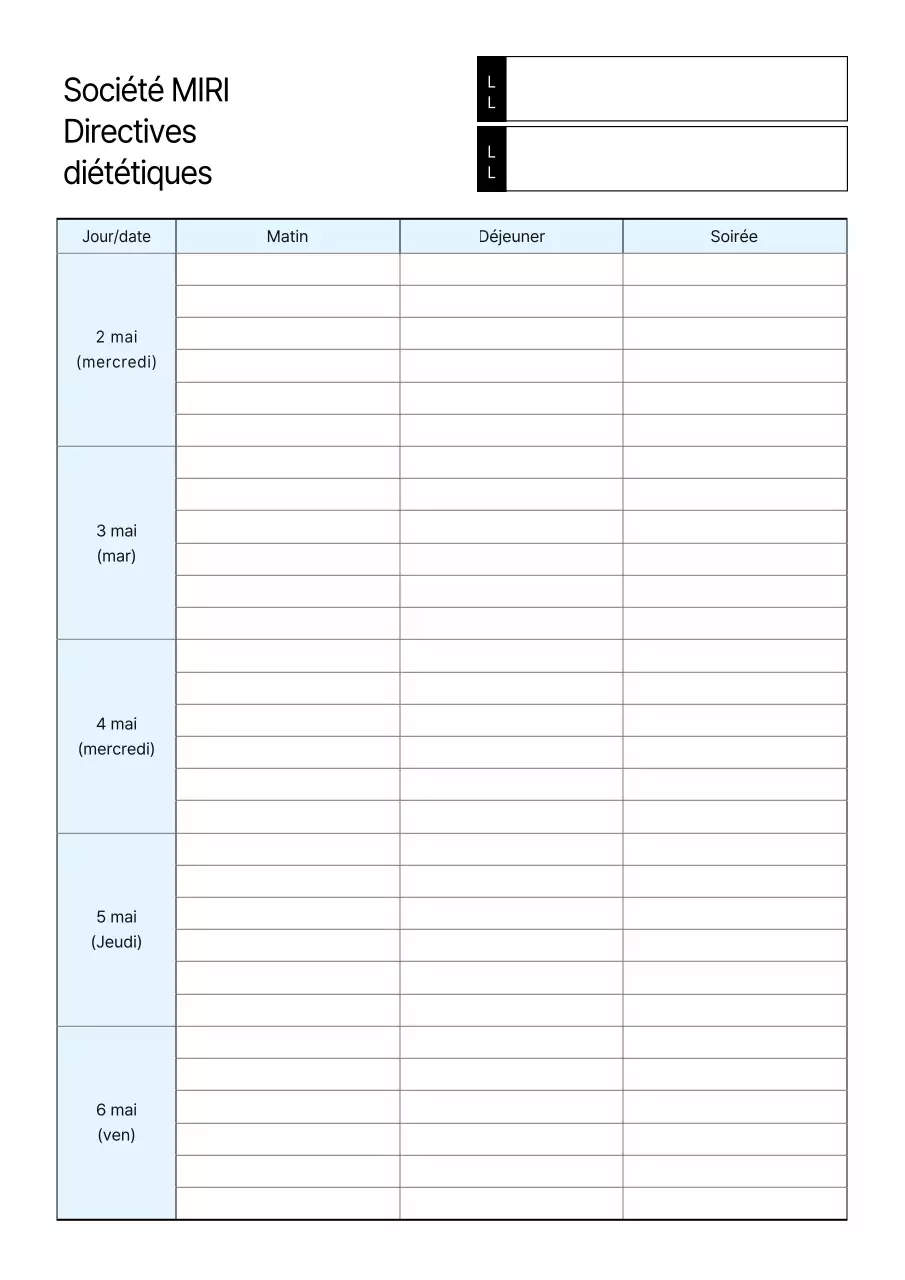 Guide de base pour les repas hebdomadaires en bleu clair et blanc