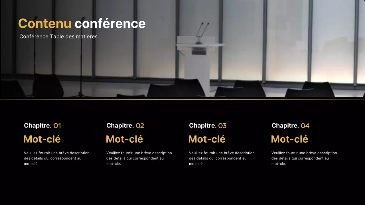 L'or et le noir pour une présentation de classe lors d'une conférence d'affaires