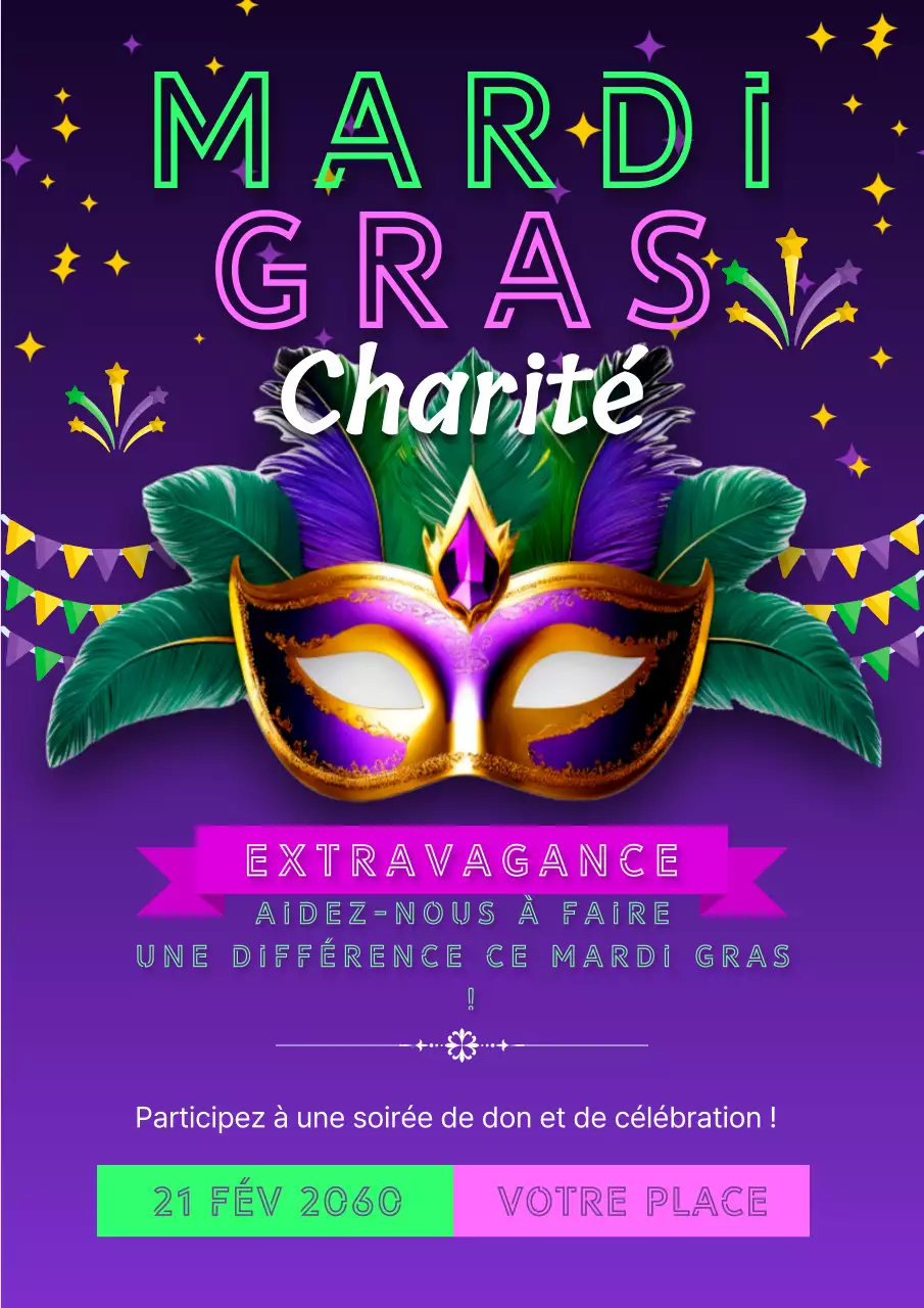Publicité pour l'événement caritatif Mardi Gras, néon et violet