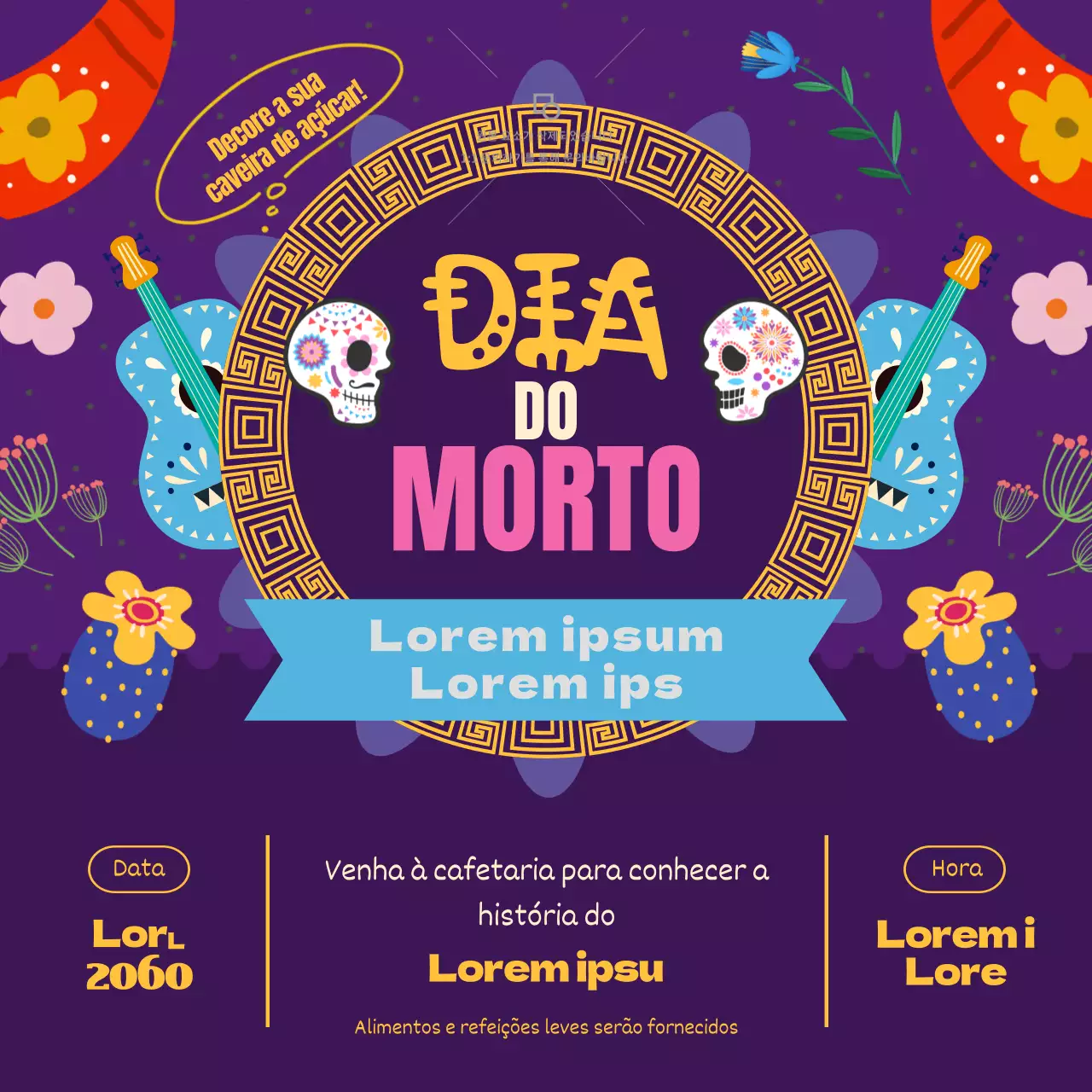 Anúncio kitsch roxo e dourado do Dia de los Muertos