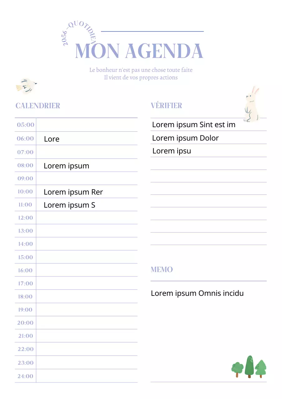 Plan d'horaire simple en mauve et ivoire