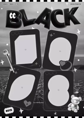 Cadre photo conceptuel pour adolescents avec des accessoires kitsch en 3D en noir et blanc