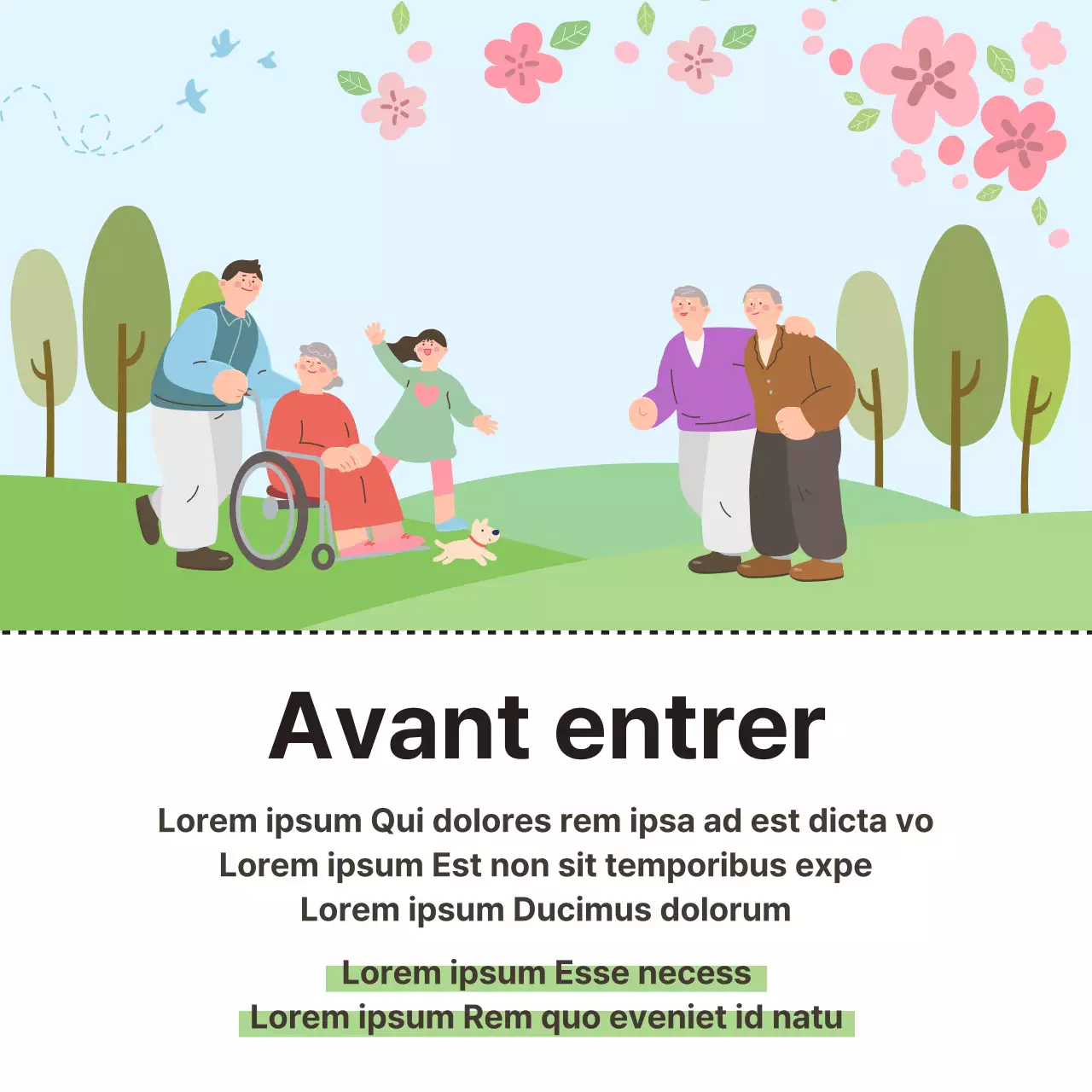 Bulletin d'information rose et jaune sur les soins de santé aux personnes âgées au printemps