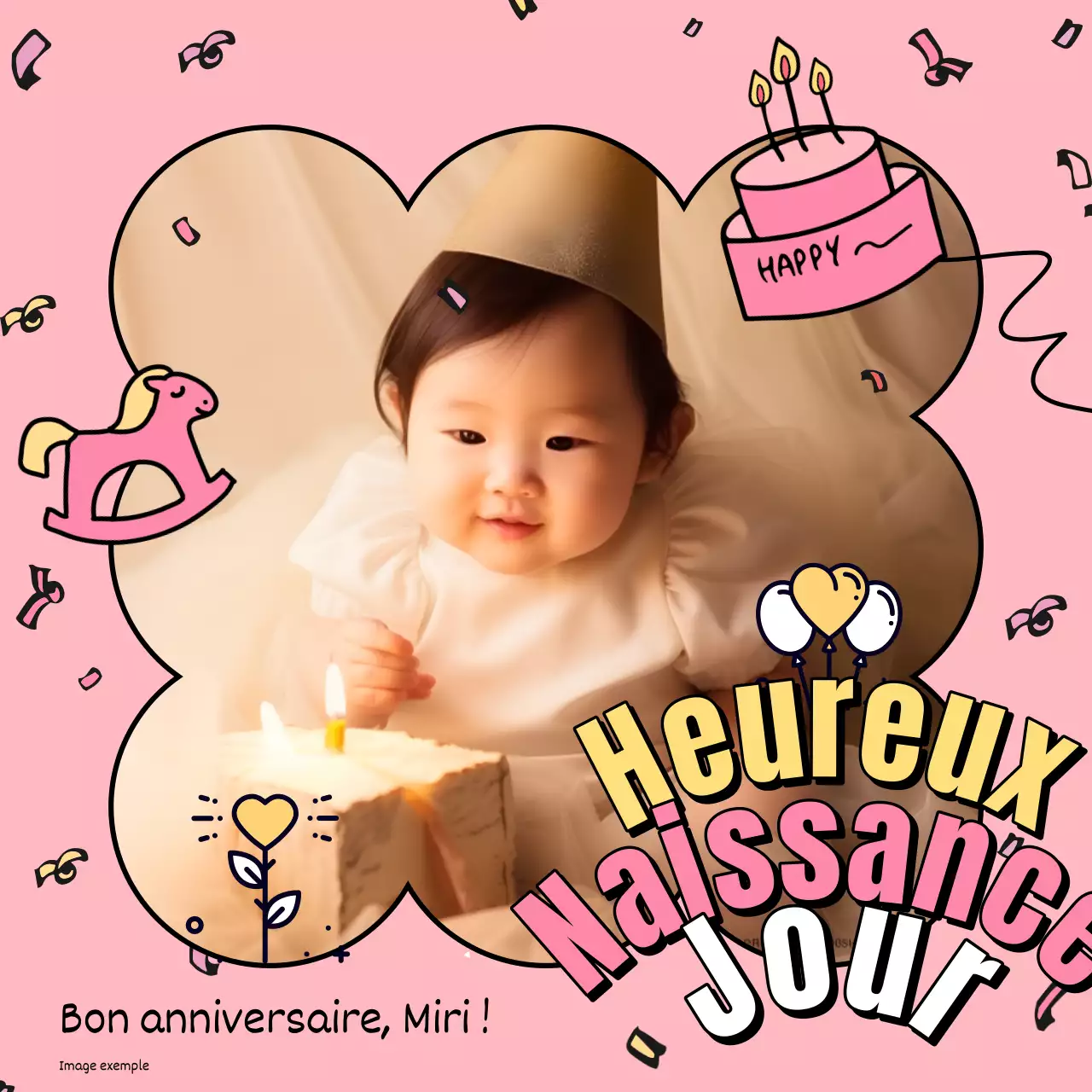 Couverture de la carte de premier anniversaire en rose et jaune