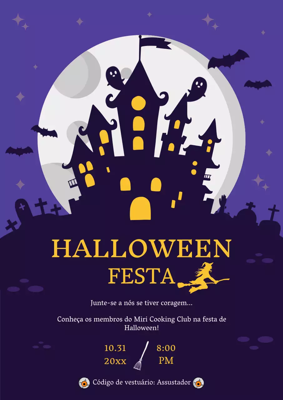 Convite de festa de Halloween de fantasia roxa e amarela