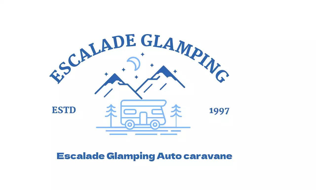 Magasin de camping avec illustrations de montagnes, de la lune et de camping-cars