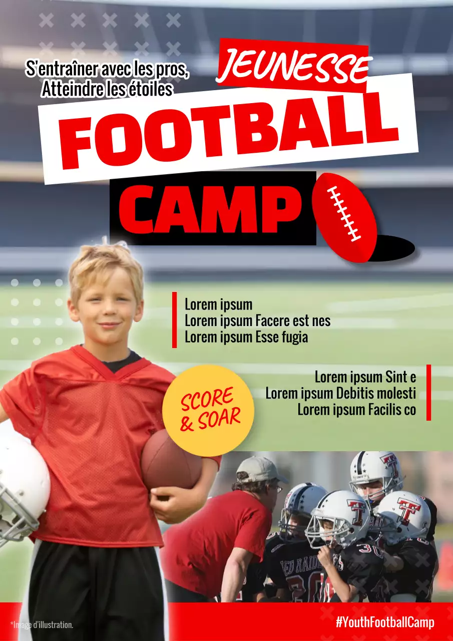 Publicité pour le camp de football rouge et blanc