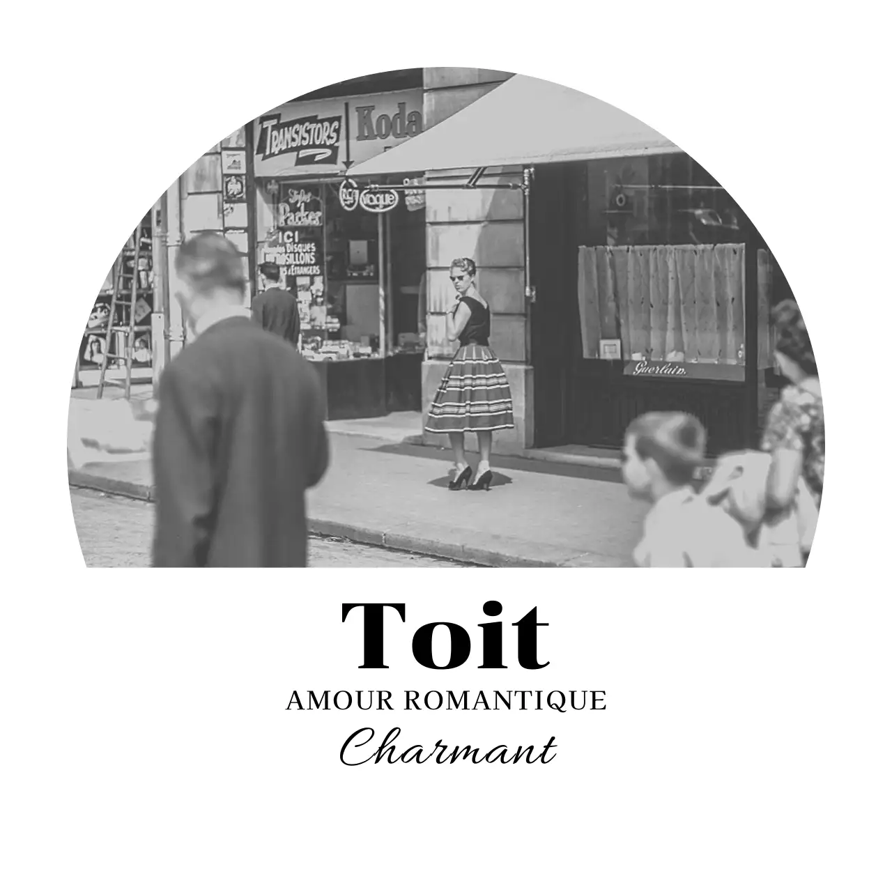 Pub d'inspiration vintage avec des images en noir et blanc et une police de caractères à empattement.