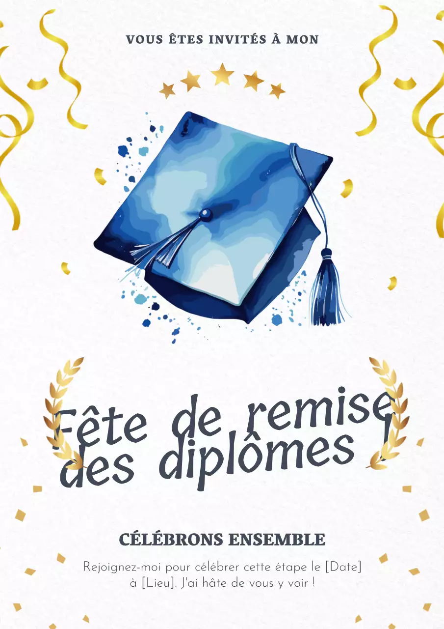 Invitation élégante à la remise des diplômes, dorée et bleue