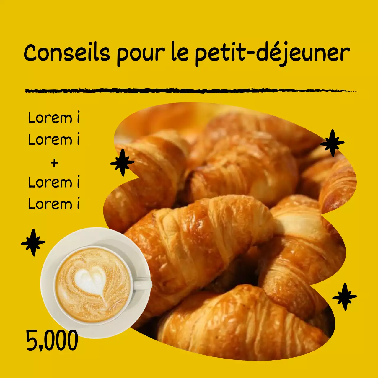 Menu simple de boulangerie-café en jaune et beige avec une annonce de réduction