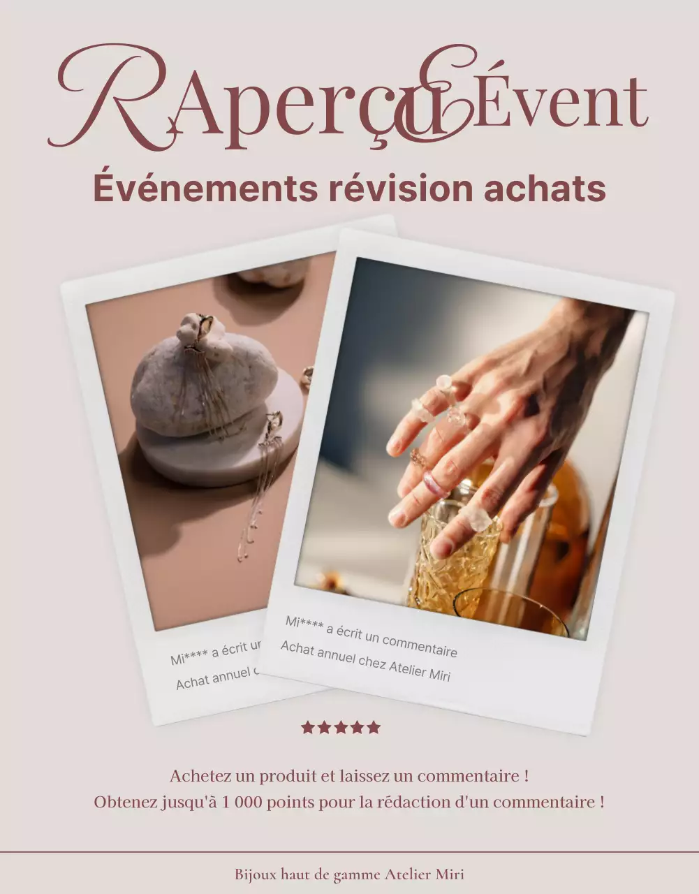 Une publicité vendant un lookbook d'accessoires de bijoux tendance en rose et marron.