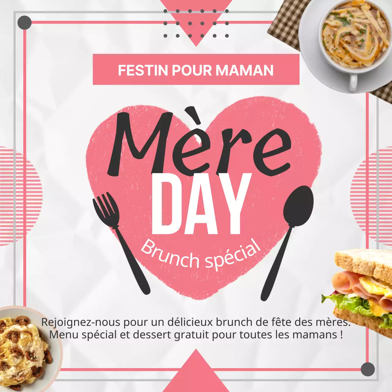 Brunch de la fête des mères en rose et blanc Publicité pour le brunch de la fête des mères