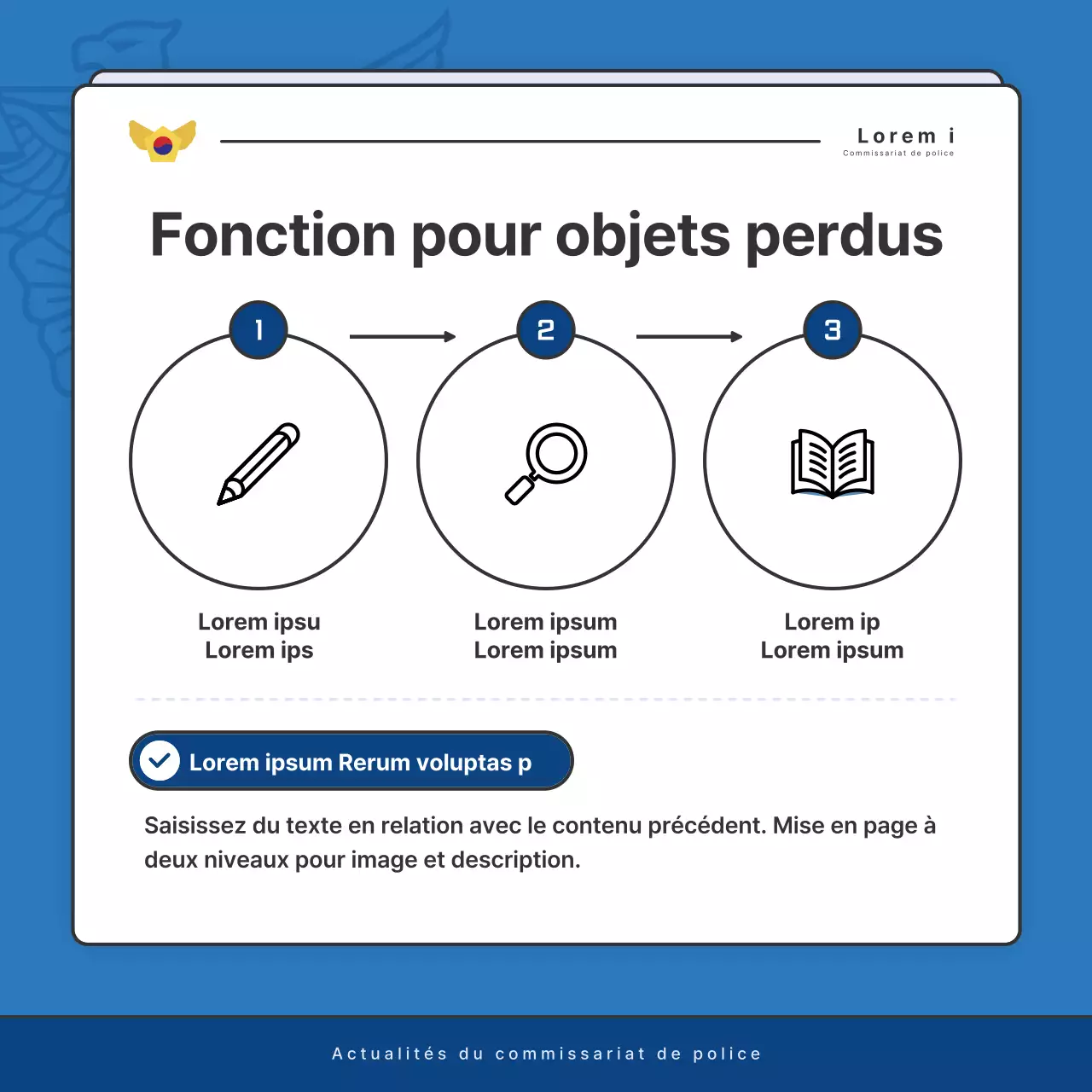 Affichage par défaut du bulletin d'information du poste de police en bleu et en bleu marine