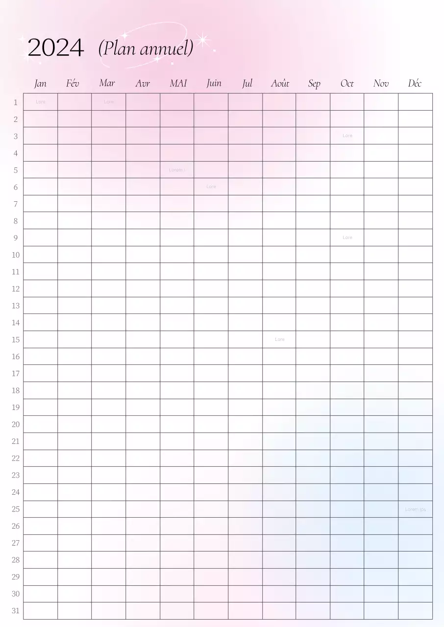 Calendrier annuel avec dégradé rose