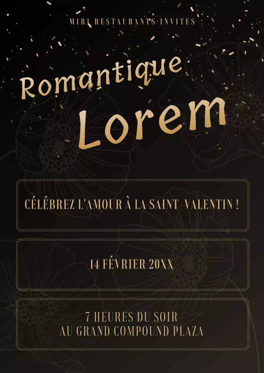 Publicité pour le dîner élégant de la Saint-Valentin en or et en noir