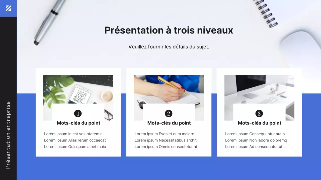 Présentation du document d'affaires d'une employée de bureau moderne en bleu