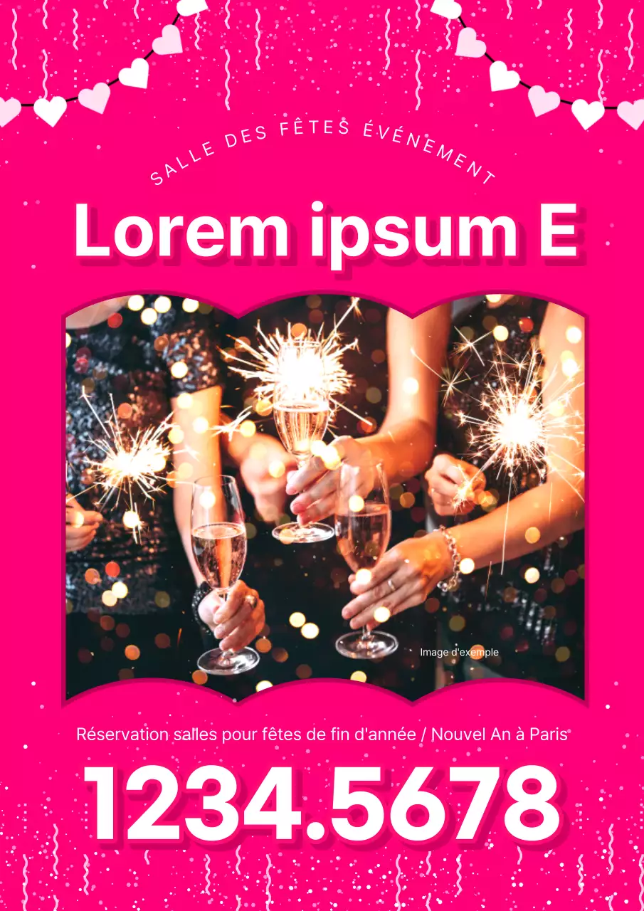 Une publicité pop-art rose et blanche pour la réservation d'une salle pour une fête de vacances.