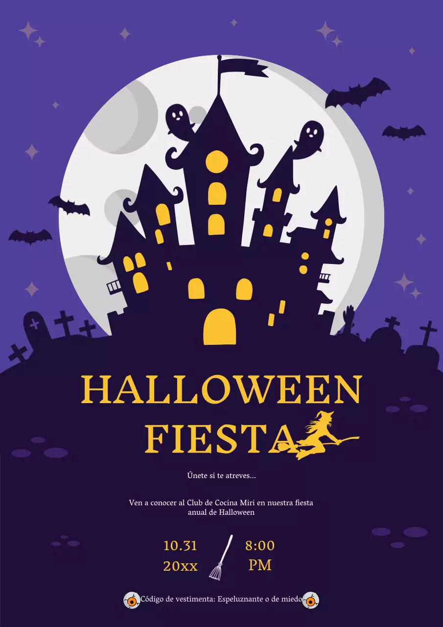 Invitación Fiesta de Halloween fantasía morada y amarilla