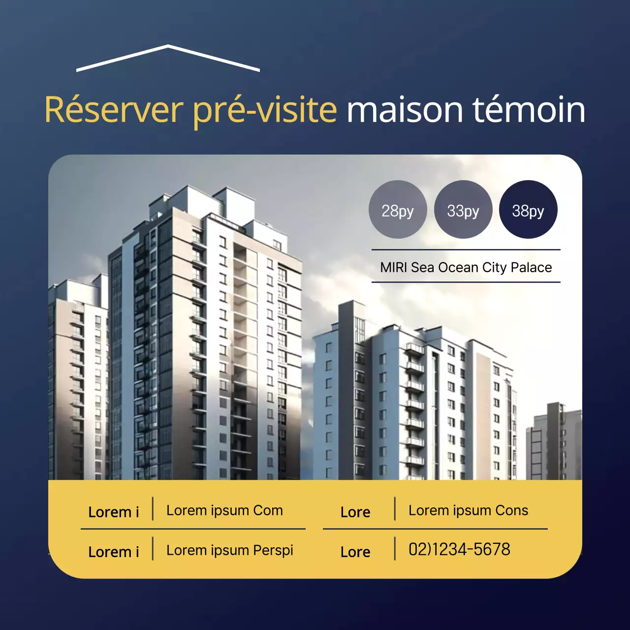 Promouvoir les réservations de pré-visite pour une maison modèle simple, jaune et bleu marine