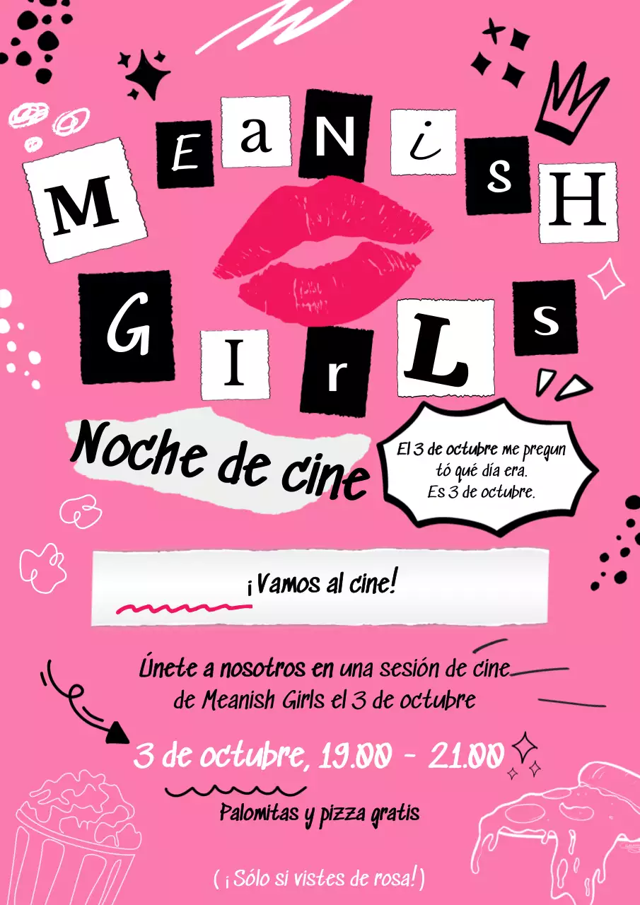 Invitación Pop Movie Night rosa y negra