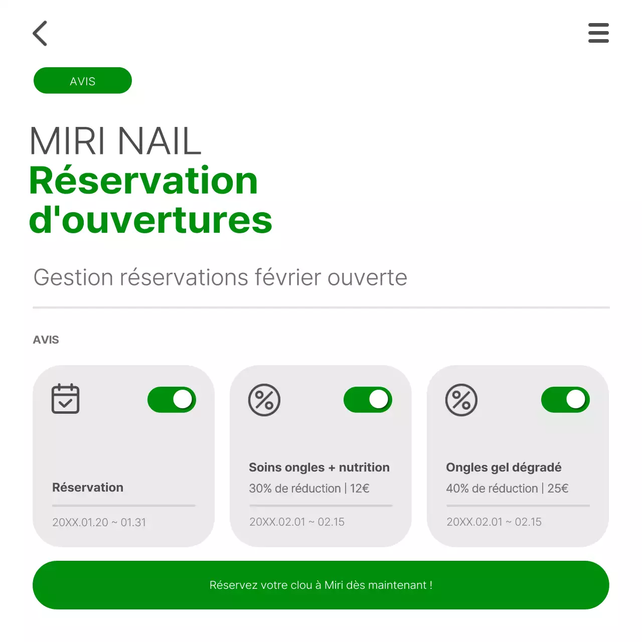 Un simple guide d'ouverture des réservations en vert et blanc