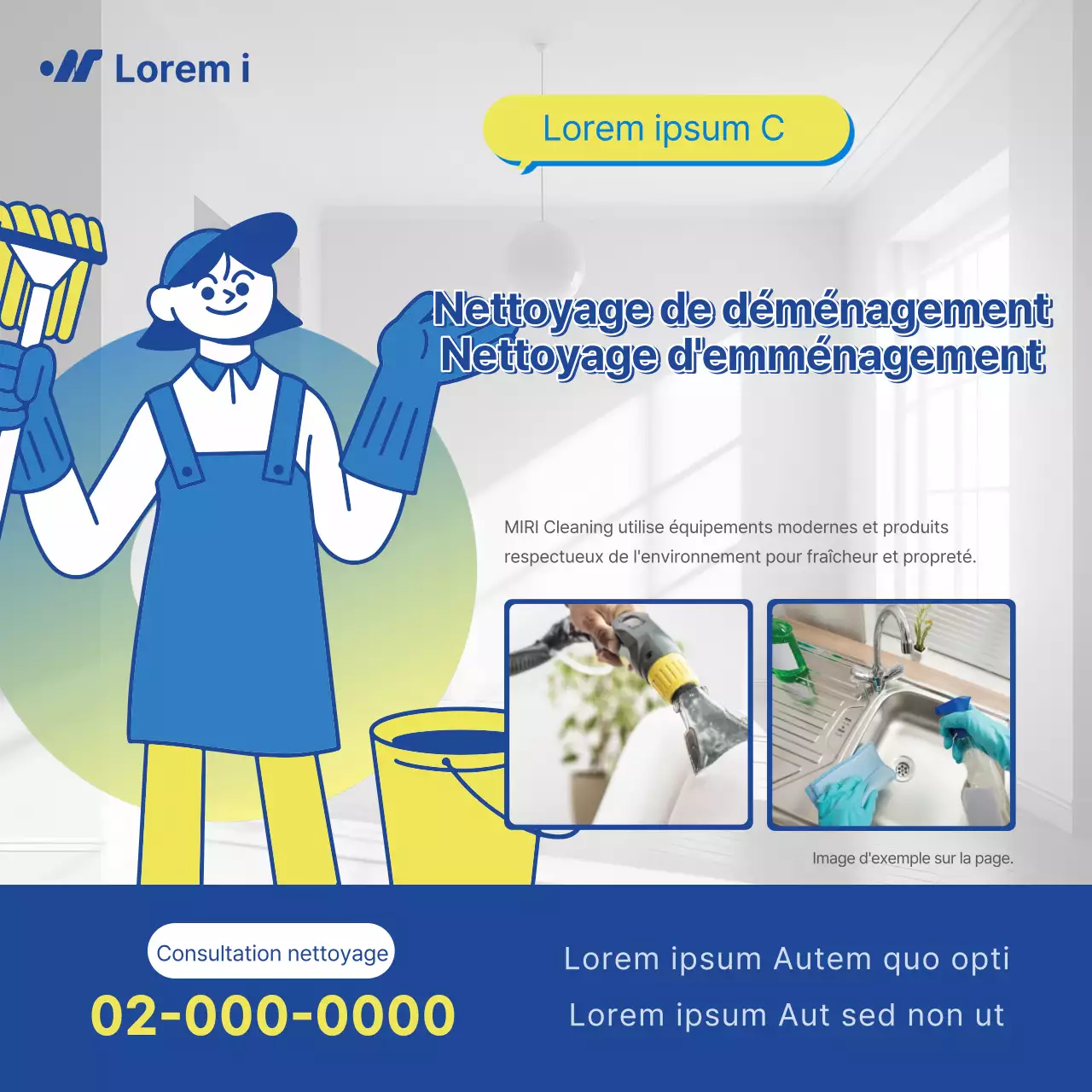 Annonce de nettoyage d'emménagement de base en bleu et jaune