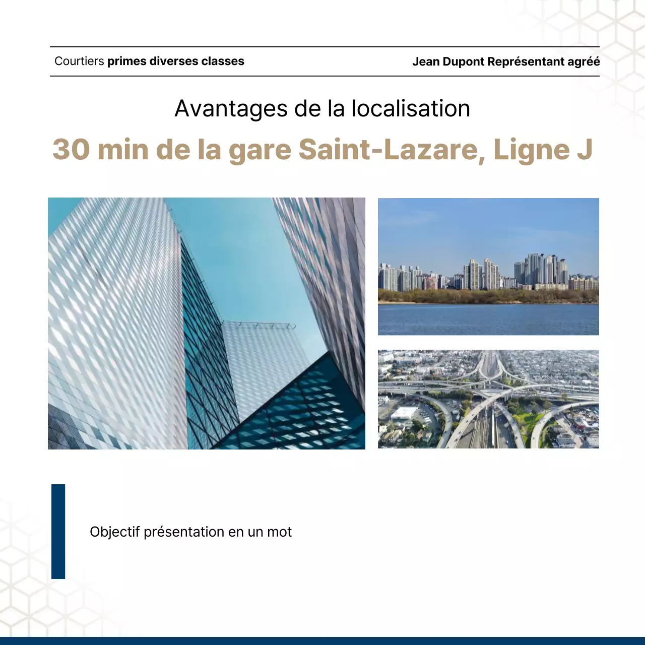 Liste luxueuse de biens immobiliers en bleu marine et or par un agent immobilier.