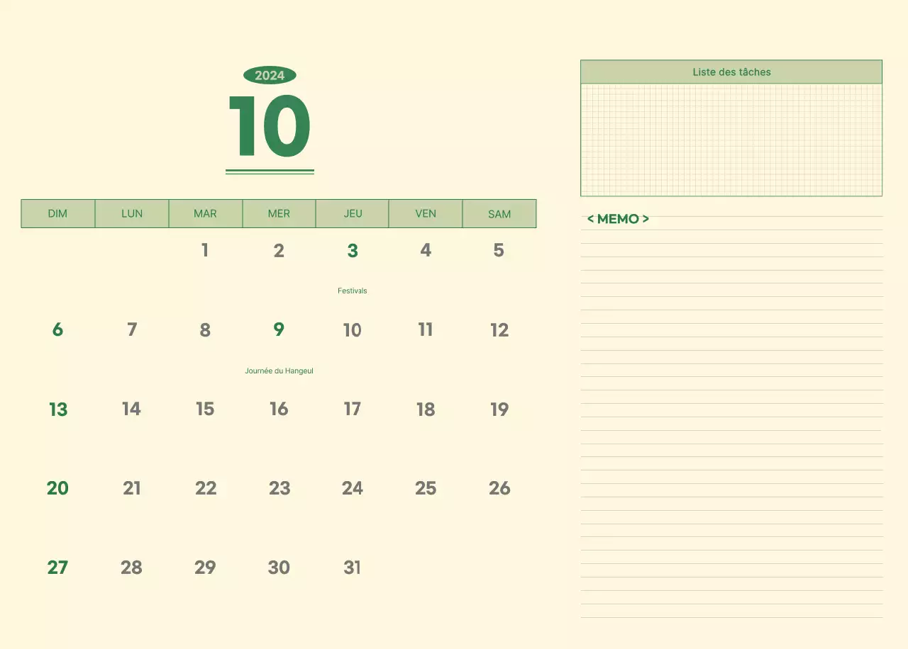 Calendrier mural SAT D-day notepad concept en vert et jaune clair