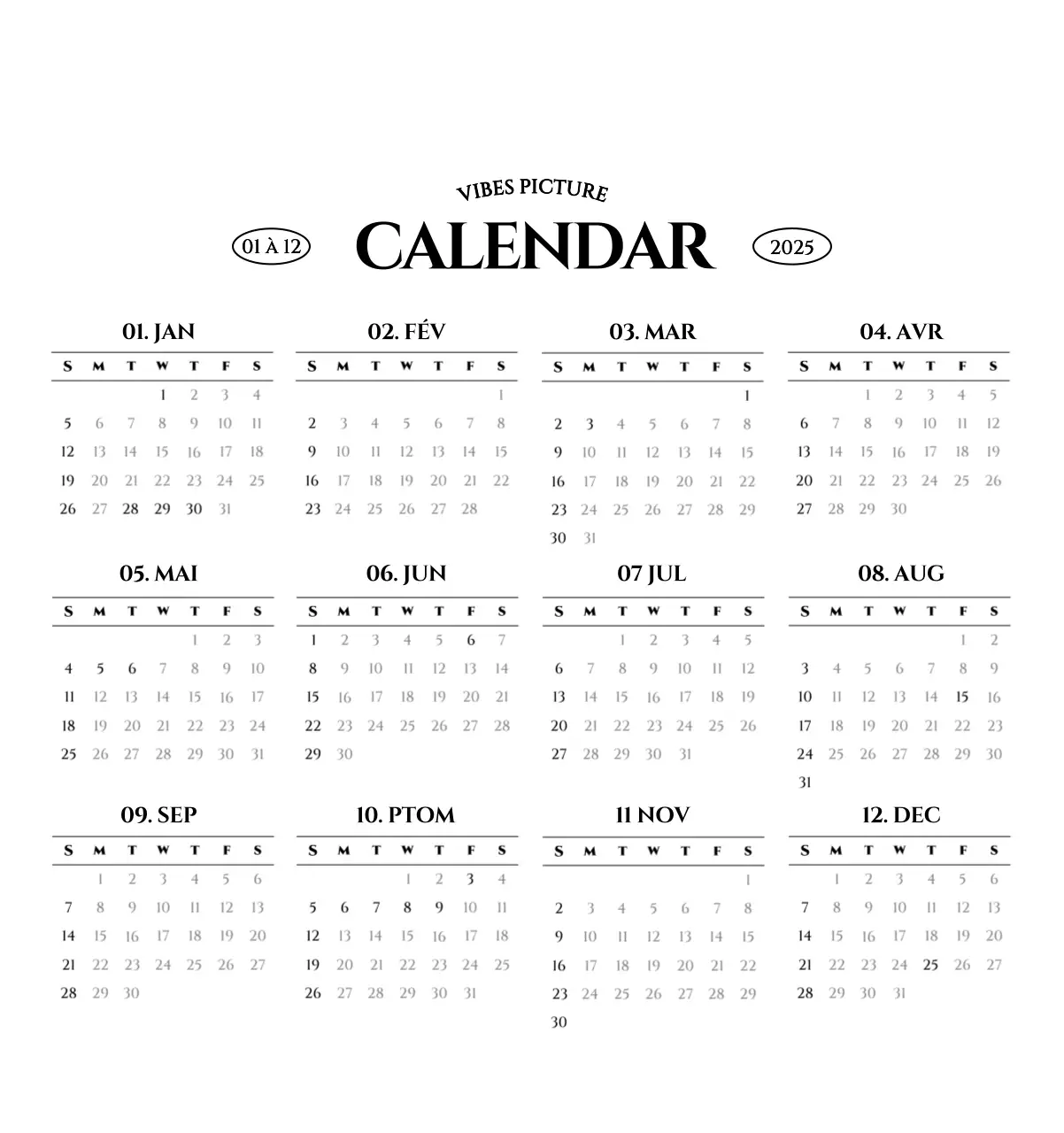 Calendrier mural de style simple avec concept de photographie de voyage émotionnelle en noir et blanc