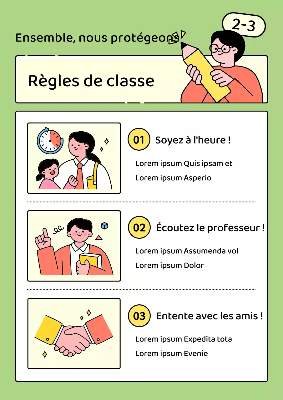 Un guide simple, en couleur chartreuse, sur les règles de la classe à l'école élémentaire